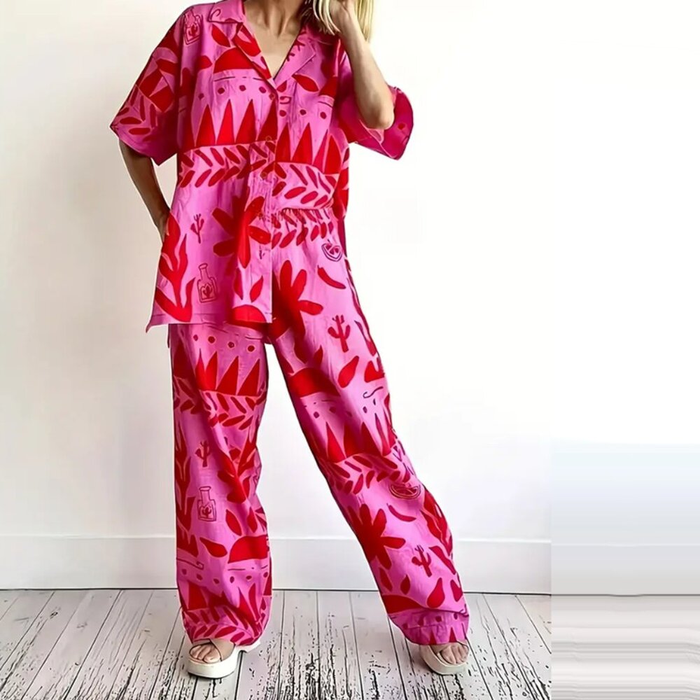 Boho Vacation Short Sleeve Button Down Top and Wide Leg Pants Set